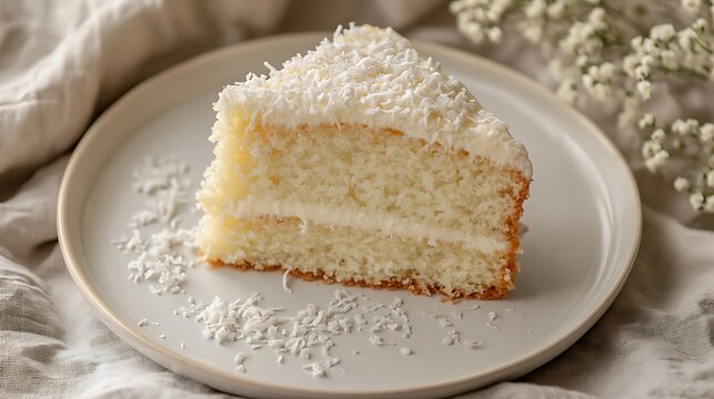 Slice of Coconut Layer Cake with Flakes on a White Plate