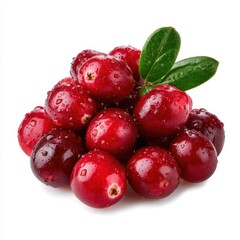Obraz premium Pile of fresh red cranberries with green leaves isolated on white background