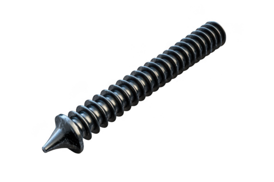 Detailed metallic screw with sharp pointed tip and deep threads isolated on transparent background