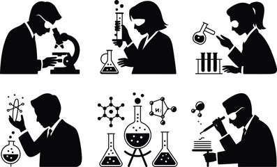 Scientists with Lab Equipment and Chemical Structures Silhouettes