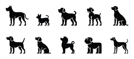 Silhouettes of multiple dog breeds in varied poses and sizes on white background, ideal for pet-themed graphic design and stock use