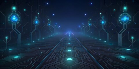 A luminous blue digital pathway recedes into a futuristic technological landscape of glowing circuits.
