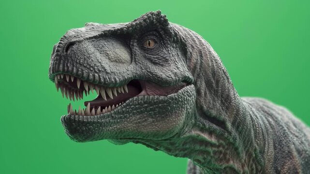 Close up of a prehistoric dinosaur with its jaws open roaring on a green screen background 