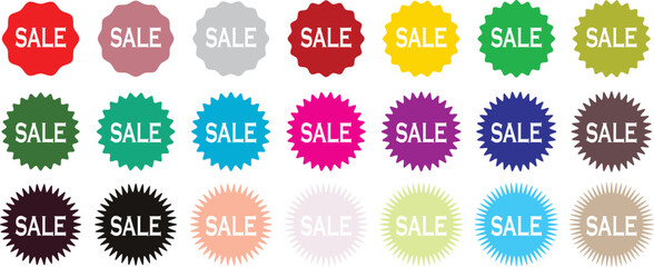Set of red starburst. Price sticker, sale sticker, price tag, starburst, quality mark, retro stars, sale. Circle sticker set. Wavy edge promo red badges. Star burst shape tags for price. Red sale tag