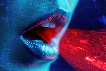 Close-up of a mouth emitting blue and red energy beams with abstract digital background. Futuristic communication concept with dynamic light effects.