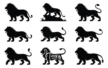 Lion silhouette icon set in black featuring nine dynamic profiles including roaring, walking, and stylized designs for wildlife and power themes