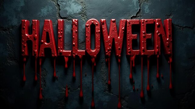 Eerie 4k footage shows the word HALLOWEEN in bold font with red blood dripping slowly against a dark, ominous backdrop, perfect for spooky season.