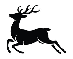Leaping deer silhouette icon in black featuring full-body motion with extended legs and curved antlers for wildlife, nature, and agility themes