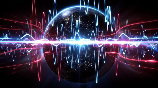 transparent glass-like neon audio ring, layered with waveform pulses, Earth in the background from outer space, central 3D dotted core
