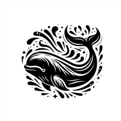 Stylized Black Whale Illustration with Water Splashes.