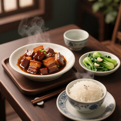 Traditional Chinese Braised Pork Belly with Steamed Rice and Vegetables