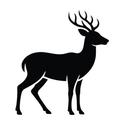 Fototapeta premium Standing deer silhouette icon in black featuring full-body side profile with prominently branched antlers for nature, wildlife, and rustic themes