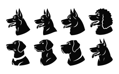 Dog breed silhouette icon set in black featuring eight distinct side profiles including Doberman, Poodle, and Labrador for pet branding themes