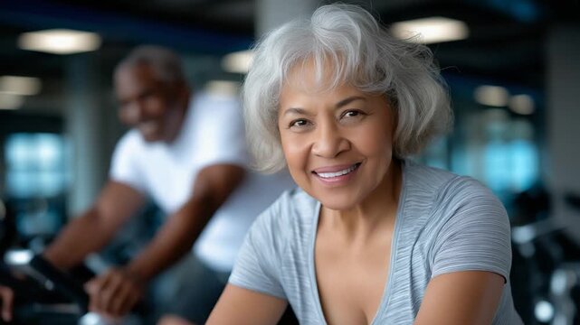 Older woman in a spinning class pedaling with determination