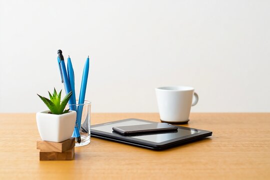 Modern desk setup with tablet phone plant and coffee mug