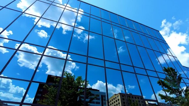 Low angle view of modern glass office building, panning shot