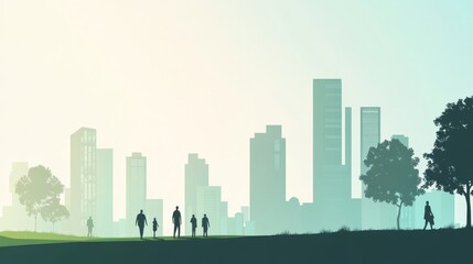 21.A clean and minimalist city illustration showing skyscrapers, smaller homes, and green spaces. Silhouetted people walk along the streets, adding a lively human element to the urban scene.