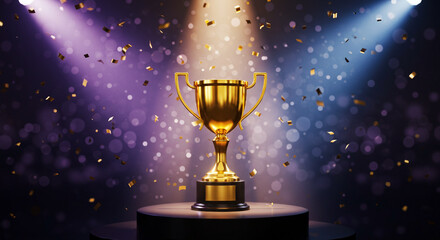 Golden Trophy on Winner's Podium with Confetti;  Achievement, Success, Celebration Concept. Trophy of Triumph on Velvet Stage. Glowing Gold Trophy on Velvet Podium with confetti Dramatic Spotlight.