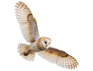 Beautiful barn owl in mid flight with wings spread wide isolated on transparent background
