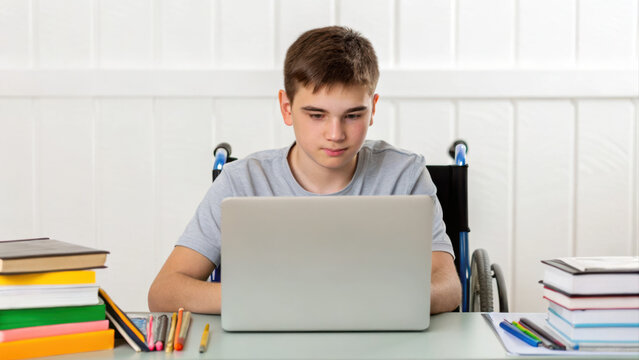 Disability Access to Technology concept. Boy in wheelchair focused on laptop, surrounded by books and stationery, emphasizing education and accessibility.