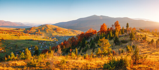A splendid view of the colorful slopes of distant hills illuminated by the sun's rays. Carpathian mountains, Ukraine, Europe.