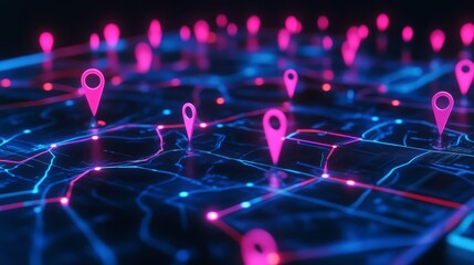 71.A 3D phone with a map interface, displaying a network of location pins and routes. The map showcases multiple GPS markers, each representing a checkpoint, highlighting the concept of travel and