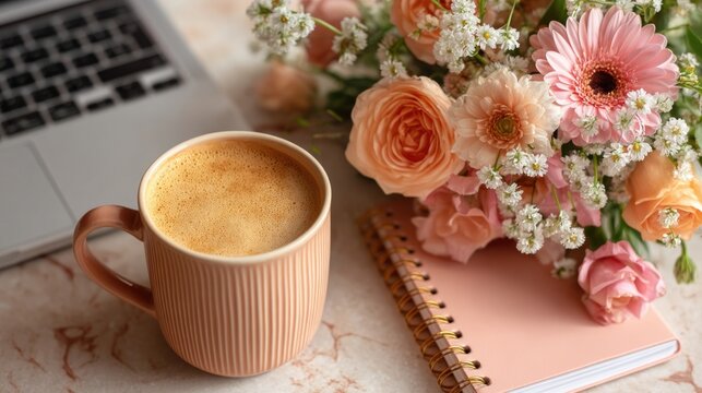 Caffeinated coffee with flowers and notepad on a desk.