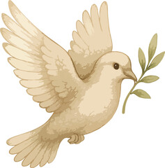 Vector logo of beige dove with wings spread wide holding green olive branch in beak, captured mid-flight in detailed minimal style, symbolizing peace, harmony, spiritual unity, hope, compassion, and p