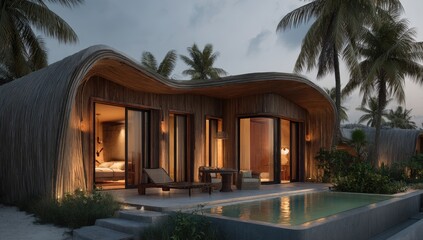 Tropical getaway with a modern, curved, wooden bungalow by a pool.