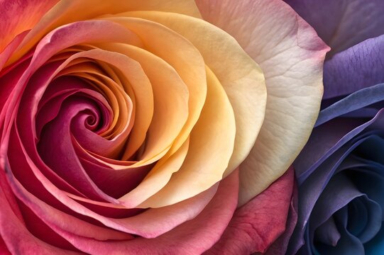 Close up macro view of a vibrant rainbow rose with petals transitioning through a spectrum of colors - Powered by Adobe