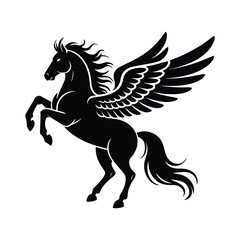Pegasus silhouette icon in black featuring a rearing pose with wide wings, flowing mane, and raised front legs for fantasy and inspirational themes