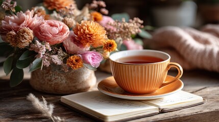 Fototapeta premium Cozy tea cup with flowers and a notebook on a wooden table.