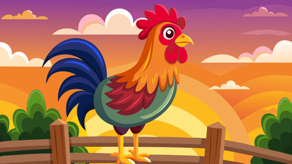 Colorful Cartoon Rooster on Fence at Sunrise – Farm Animal Vector Illustration