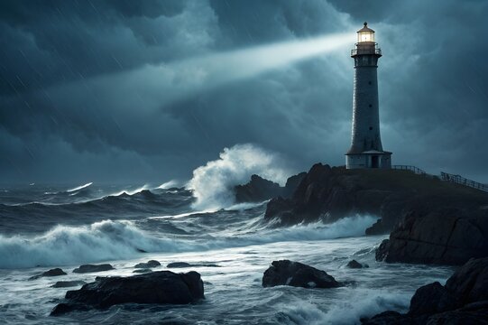 Majestic lighthouse beam pierces stormy night sky illuminating crashing waves against rocky coastline