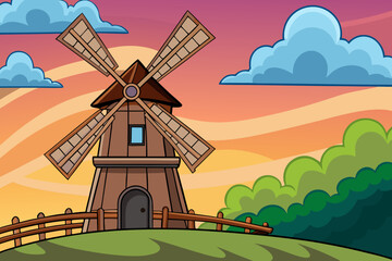 Obraz premium Cartoon Windmill on Hill at Sunset – Colorful Landscape Vector Illustration