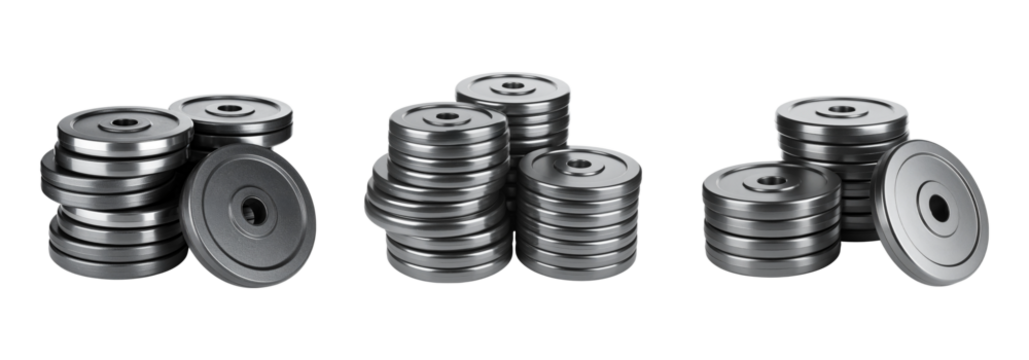 Stacked weight plates for strength training and fitness are ready for a workout session isolated on transparent background