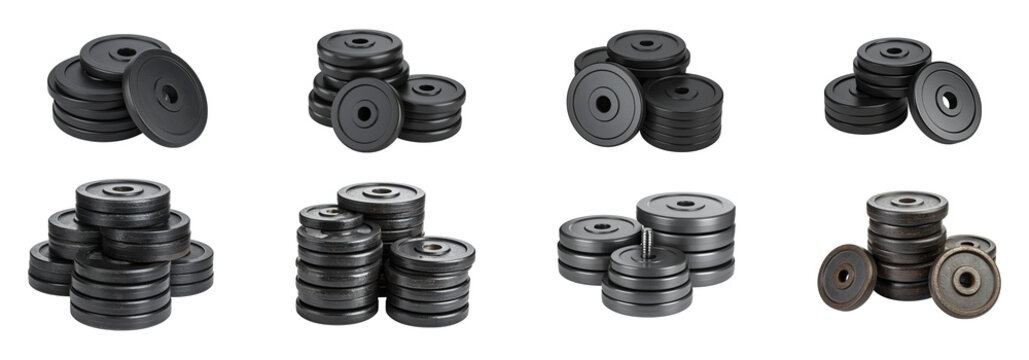 Weight plates stacked for fitness, strength training, and exercise equipment needs isolated on transparent background