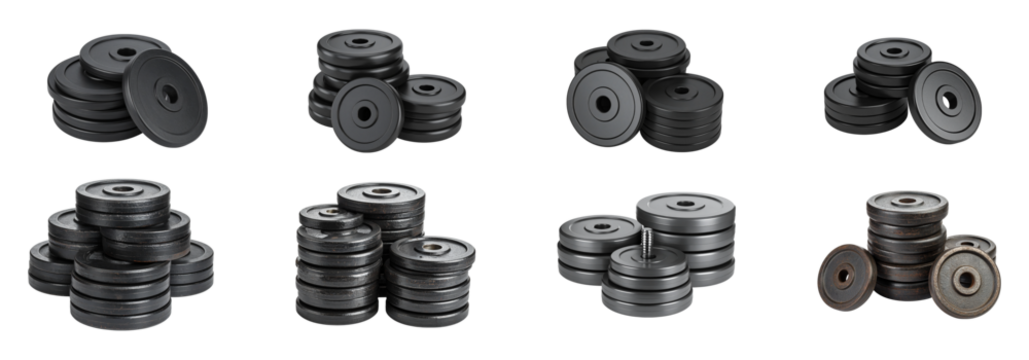 Weight plates stacked for fitness, strength training, and exercise equipment needs isolated on transparent background - Powered by Adobe