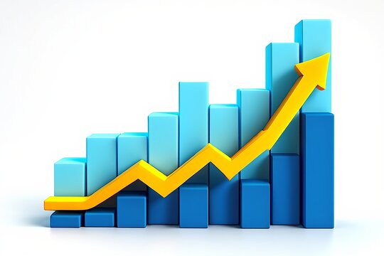 3d bar chart showing upward trend with yellow arrow