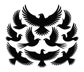 Birds in flight silhouette icon set in black arranged in circular symmetry for themes of harmony, freedom, nature balance, and ornamental identity