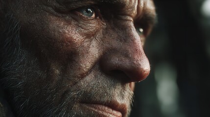 Obraz premium Close up face portrait of old man with beard and blue eyes looking forward with intense expression and wrinkles