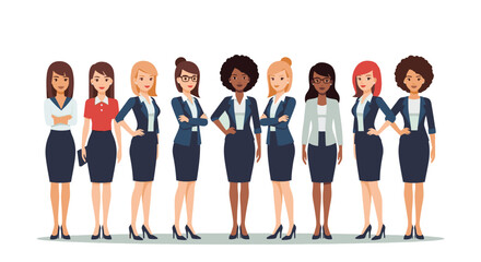 Fototapeta premium Confident diverse businesswomen stand together in professional attire, illustrating teamwork and female empowerment within a corporate setting.