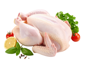 A raw whole chicken meticulously arranged with fresh parsley, basil, cherry tomatoes, and a lemon slice, highlighting its readiness for healthy culinary preparation.