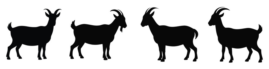Goat silhouette icon set in black featuring four distinct right-facing profiles with varied horn shapes and beards for agriculture and nature themes