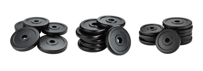 Stacked black barbell plates for strength training and fitness equipment are displayed isolated on transparent background