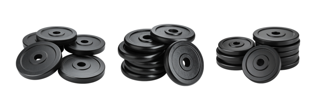 Stacked black barbell plates for strength training and fitness equipment are displayed isolated on transparent background