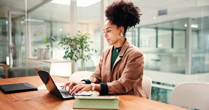 Typing, business woman and laptop for social media, message or online communication in office. Idea feedback, female person and tablet in workplace for networking, brainstorming or web conversation
