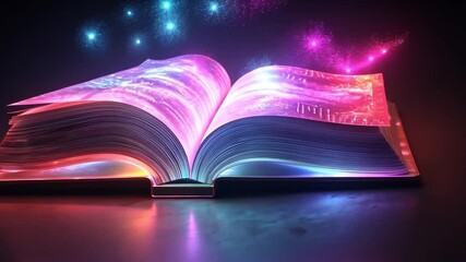 an open book with neon lights illuminating its pages, representing knowledge, learning, and imagination in a vibrant and captivating way, suitable for educational or fantasy themes