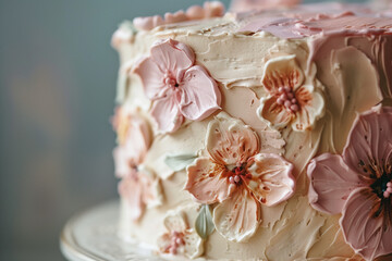 Cake with cream flowers in soft pink and pastel tones