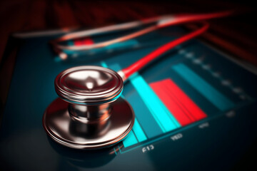 A stethoscope lies on a digital tablet displaying a colorful bar graph, symbolizing healthcare analytics and medical data analysis.